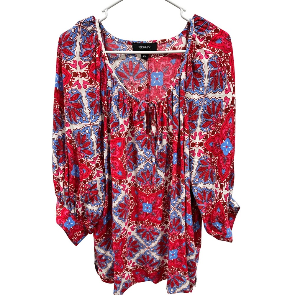 Karen Kane Floral Print Tie‎ Neck Long Sleeve Tunic Top Plus Size 2X